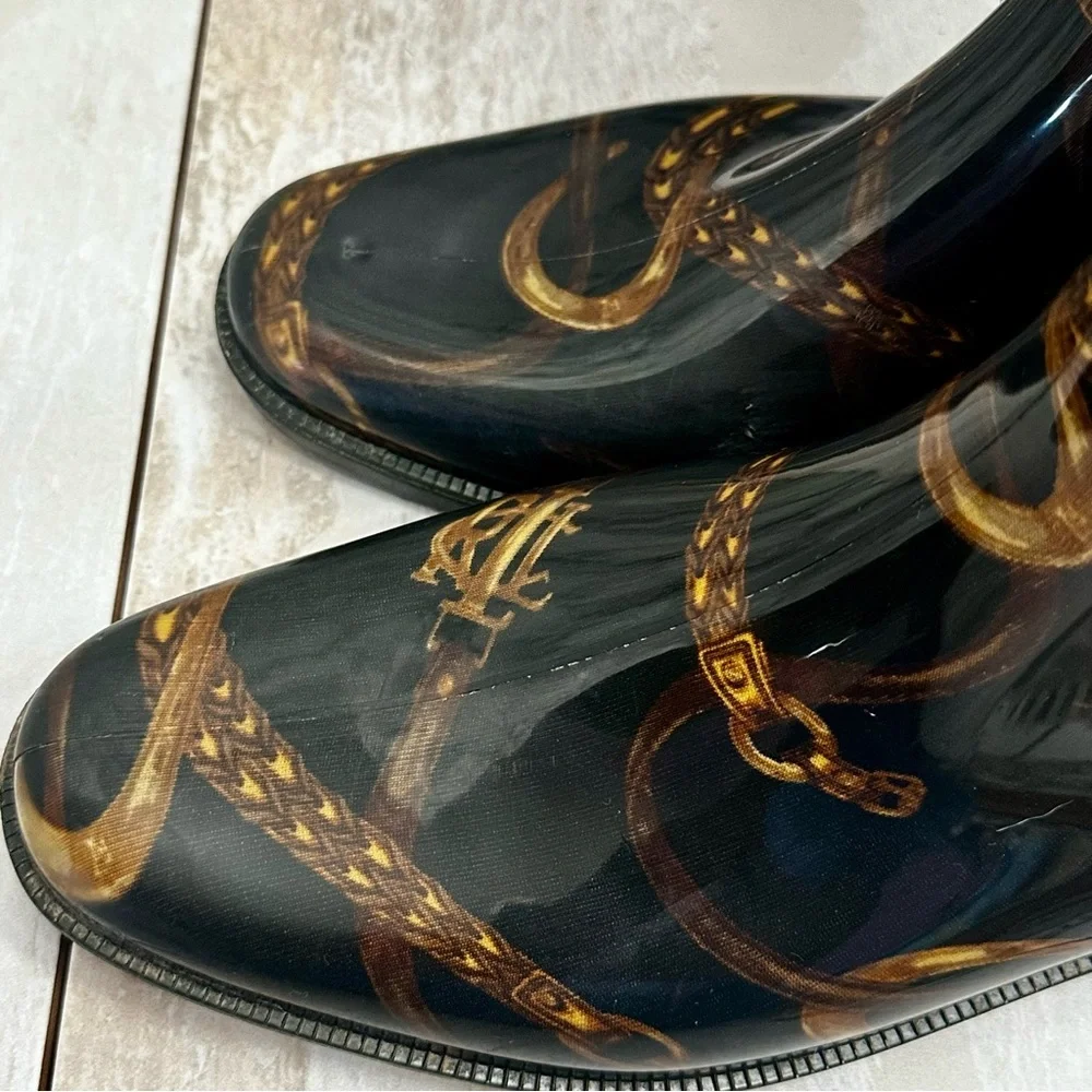 Ralph Lauren Black Gold Chain Horse Tack Pattern Rubber Rain Boots Farmcore